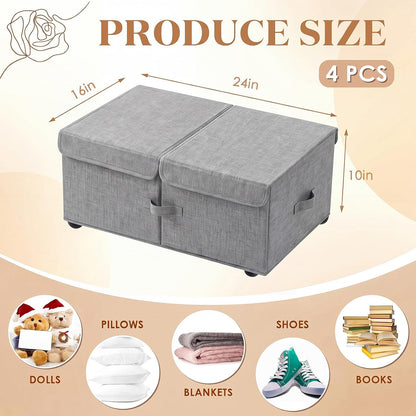 Geelin 4 Pack Under Bed Storage with Wheels, 10 Inch Height 65L Large Capacity Foldable Underbed Storage Bins with Lids & Handles, Easy Assembly Rolling Under Bed Containers for Clothes Blankets Shoes