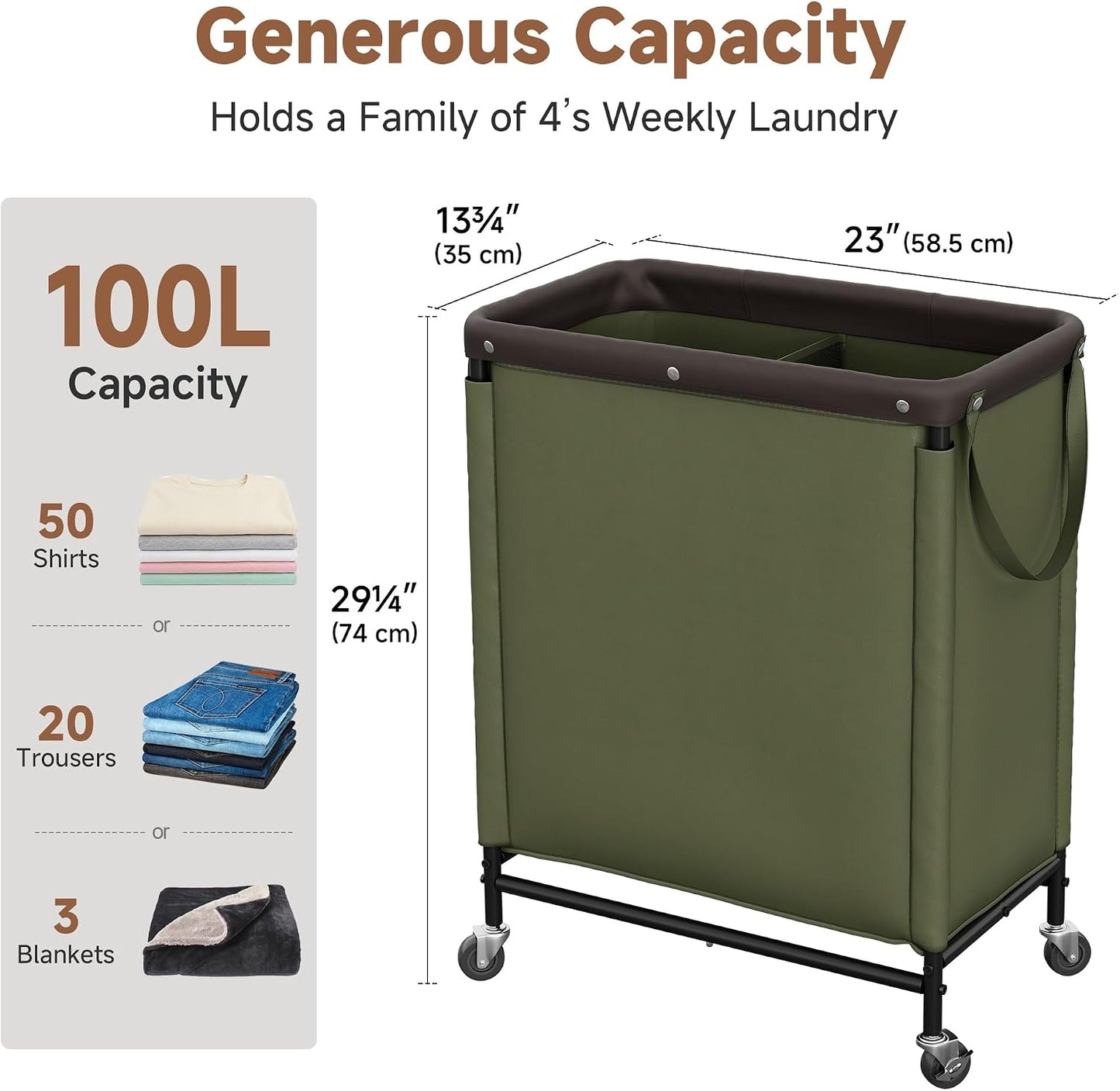 StorageWorks 3 Section Laundry Hamper, Rolling Laundry Cart with Wheels and Handles, Laundry Room Double Sorter for Organizer and Storage, 31.7 Gal(120L), Beige