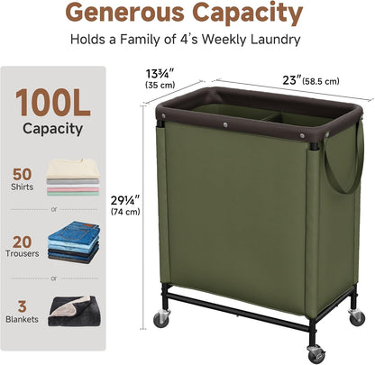 StorageWorks 3 Section Laundry Hamper, Rolling Laundry Cart with Wheels and Handles, Laundry Room Double Sorter for Organizer and Storage, 31.7 Gal(120L), Beige