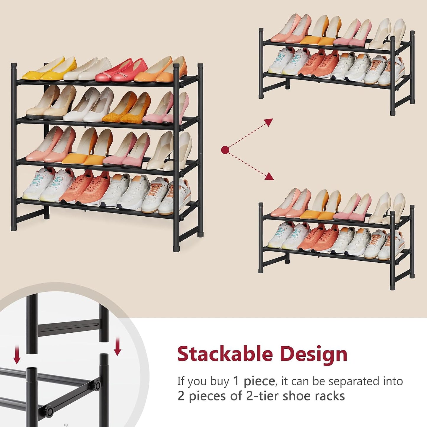 Tajsoon Expandable Shoe Rack for Closet 3 Tier, 28“-41“Adjustable & Stackable Shoe Shelf Storage, Metal Shoe Rack Organizer for Front Door Entrance, Closet, Garage, Entryway, Black
