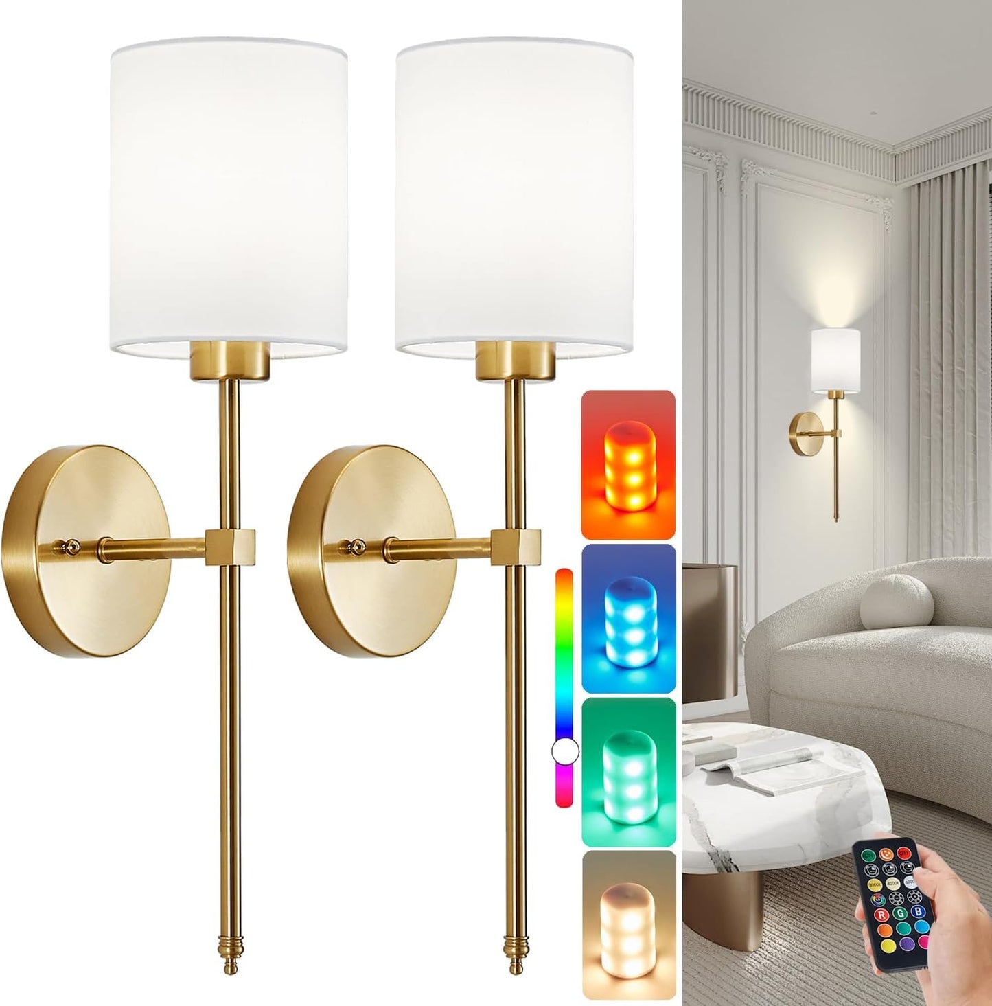 Battery Operated Wall Sconce Set of 2, Brushed Gold Rechargeable Wall Lights with Remote Control and Dimmable LED Bulbs, 13 Light Colors Wireless Wall Lamps for Bedroom Living Room Hallway (Gold)
