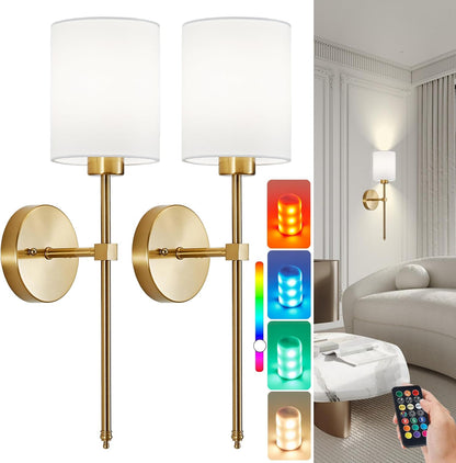 Battery Operated Wall Sconce Set of 2, Brushed Gold Rechargeable Wall Lights with Remote Control and Dimmable LED Bulbs, 13 Light Colors Wireless Wall Lamps for Bedroom Living Room Hallway (Gold)
