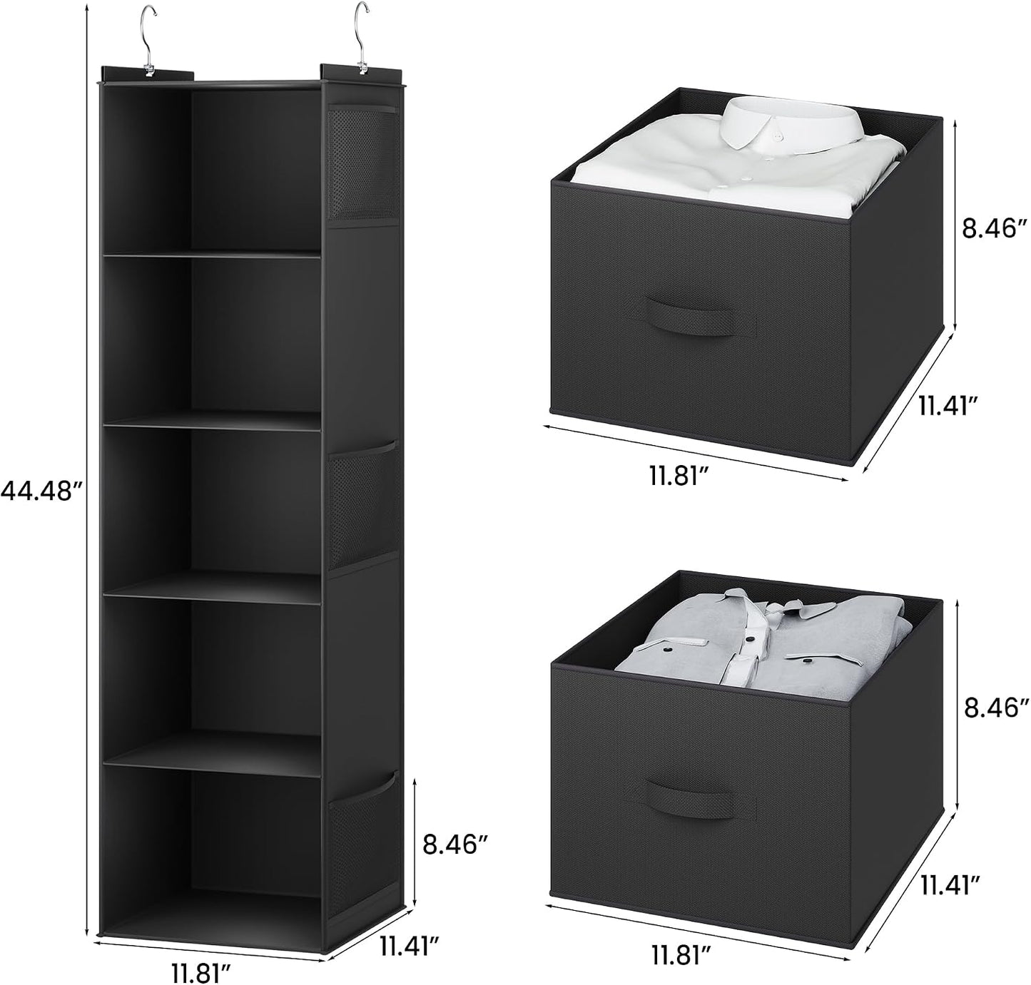 YOUDENOVA Hanging Closet Organizer, 5 Tier Hanging Closet Shelves with 6 Side Pockets and 2 Drawers, Black