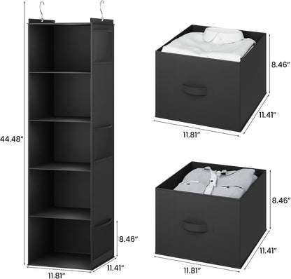 YOUDENOVA Hanging Closet Organizer, 5 Tier Hanging Closet Shelves with 6 Side Pockets and 2 Drawers, Black