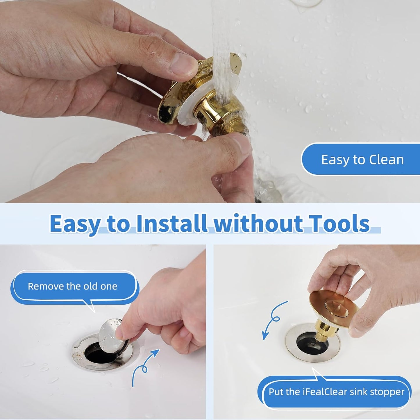 iFealClear Metal Universal Bathroom Sink Stopper, Upgraded Stainless Steel Sink Drain Strainer for 1.1''~2.36" Basin Pop Up Drain Strainer, Anti-Clogging Filter Basket, Brushed Nickel