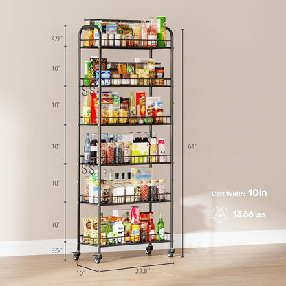 6-Tier Slim Storage Cart, Rolling Kitchen Cart with Wheels | Narrow Metal Shelf Organizer with Hooks for Kitchen, Bathroom, Living Room, Laundry, Small Spaces, Black, 6 in