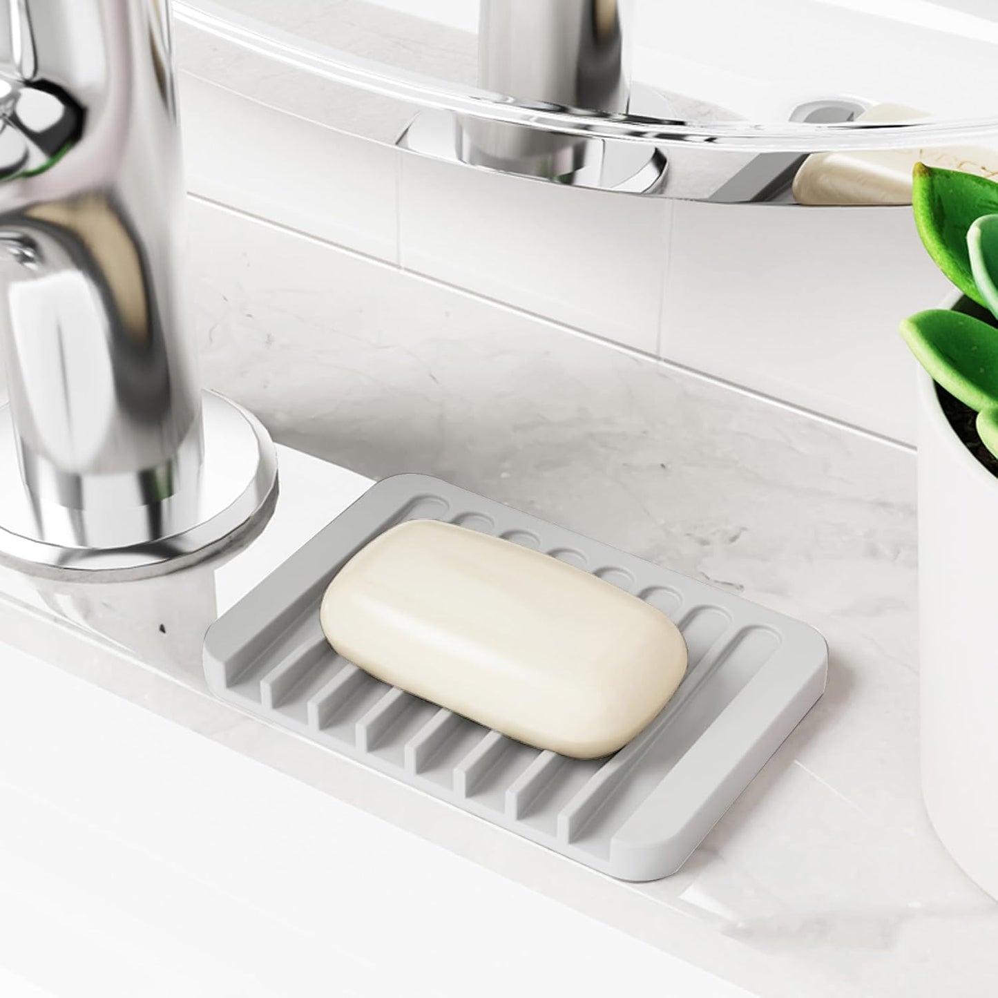 4-Pack Self Draining Soap Dish for Shower Bathroom Waterfall Silicone Soap Saver Tray Sponge Holder for Kitchen Sink Non-Slip Easy Clean (Black and White)