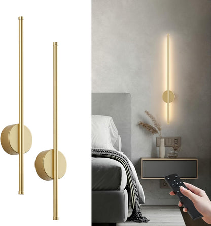 Battery Operated Modern Wall Sconces, Dimmable Wireless Wall Light Set of Two with Remote Control, 3 Color Temperatures, Rechargeable LED Wall Sconce for Bedroom, Living Room, Hallway, 23.6 Inch Brass
