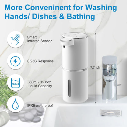 Automatic Foaming Soap Dispenser,4-Level Adjustable Foam, Wall Mount,USB Rechargeable,12.8oz/ 380ml,Touchless Hand & Dish Soap Dispenser for Bathroom, Kitchen,Hotel, Restaurant
