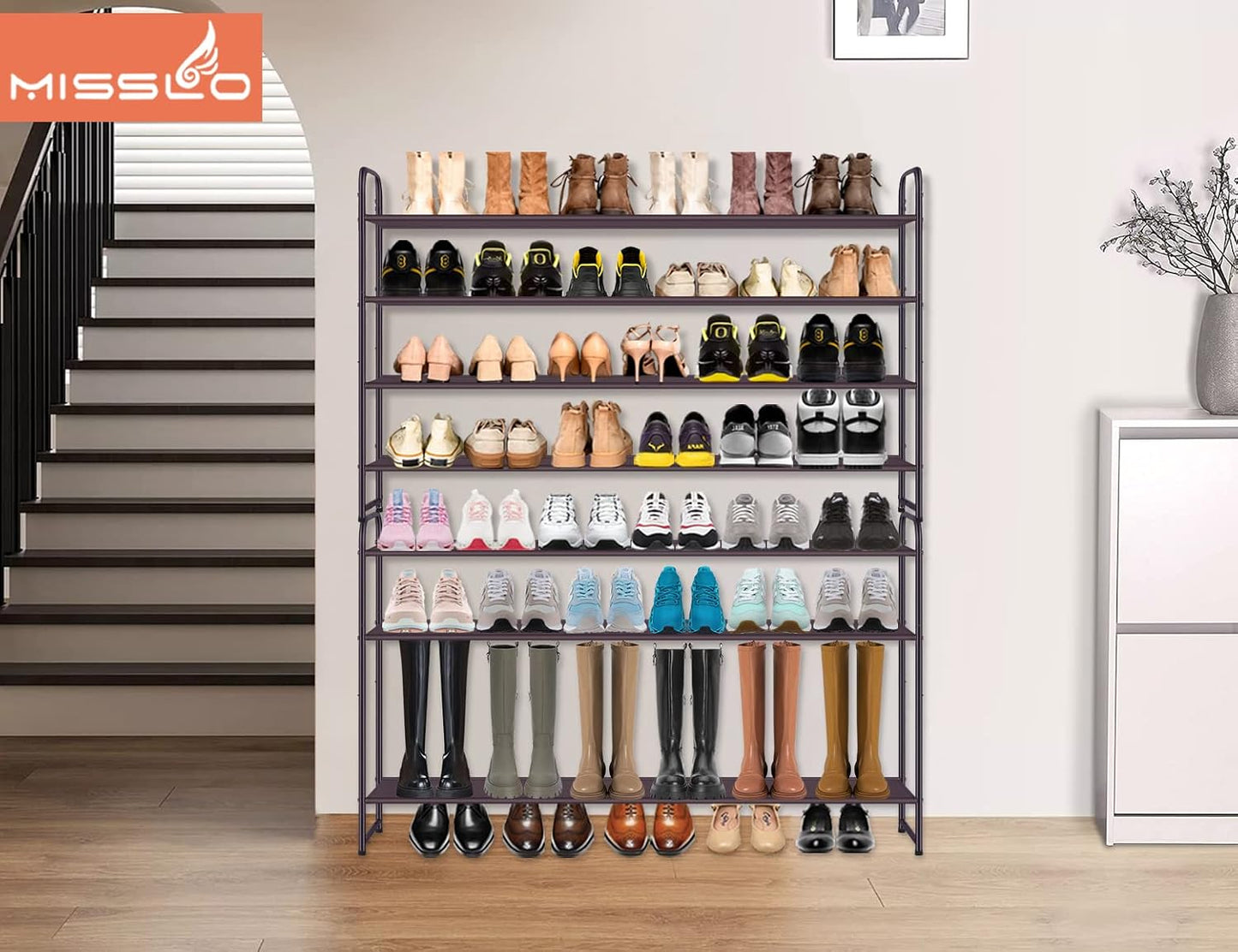 MISSLO 3-Tier Long Shoe Rack for Closet Shoe Organizer for Closet Floor Entryway Storage Stackable Wide Shoe Shelf Stores 24 Pairs of Men Sneakers, Black