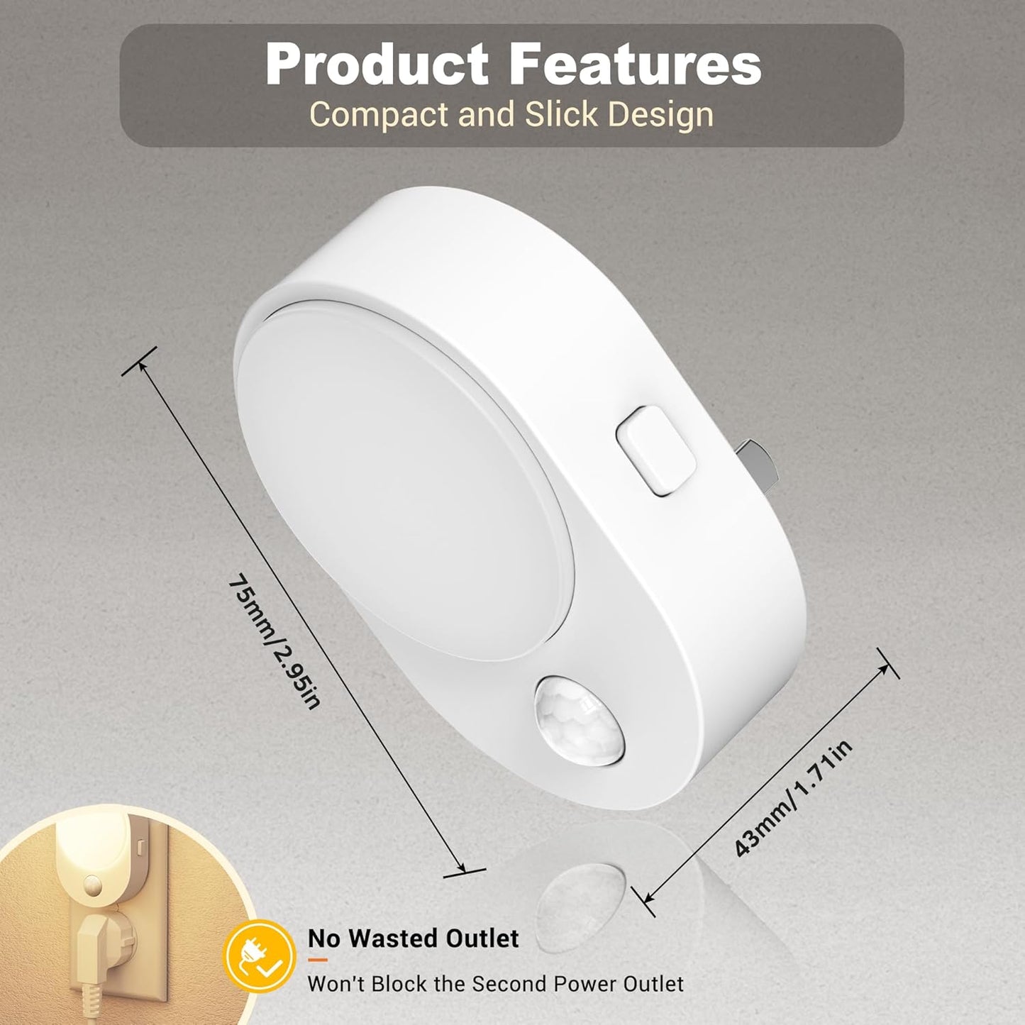 JandCase Motion Sensor Night Light, 2 Pack Motion Activated Night-Lights, 3000K Warm White LED Night Lights Plug into Wall, 30/60LM Adjustable Brightness, for Kids Adults Bathroom Bedroom