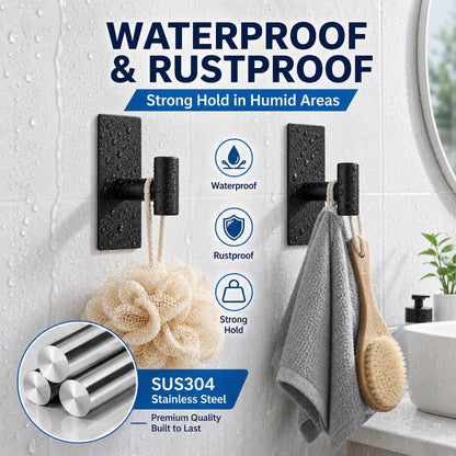 Removable Towel Hooks for Bathrooms, Heavy Duty Adhesive Hooks for Walls No Damage, Black Home Storage Hooks for Inside Shower, Sticky Hooks for Hanging Robe Coat Loofah Clothes Kitchen, 14Pcs Sus304