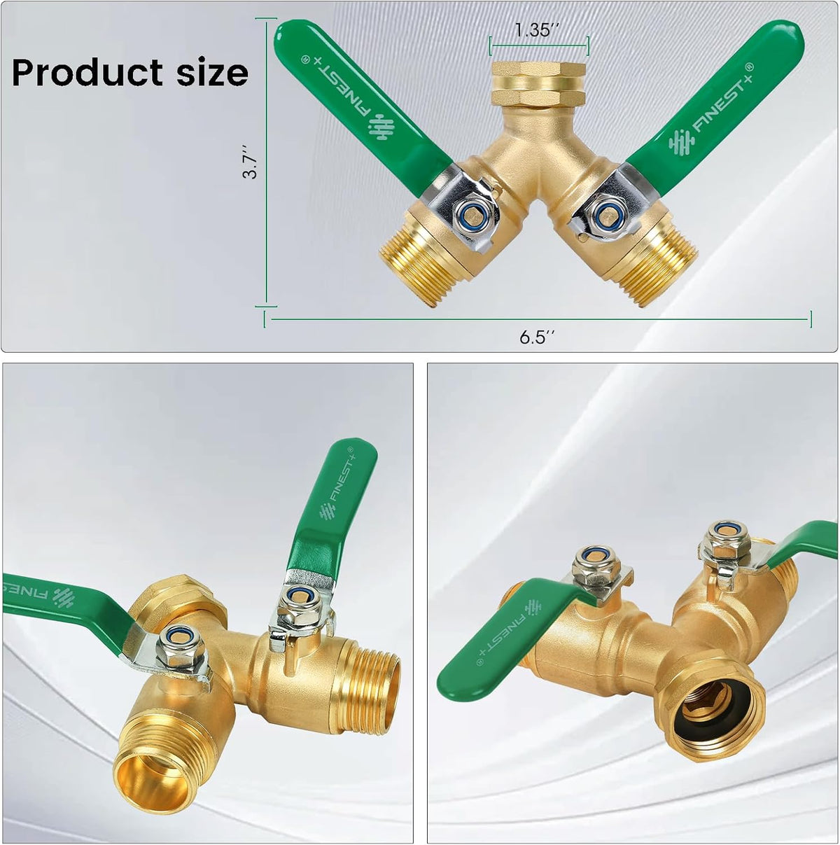 FINEST+ Garden Hose Splitter 2 Way, Heavy Duty Brass Y Valve Garden Hose Splitter With Stainless Steel Long Handle, Full Flow Hose Splitter Connector, Y Valve 3/4 Inch GHT Thread