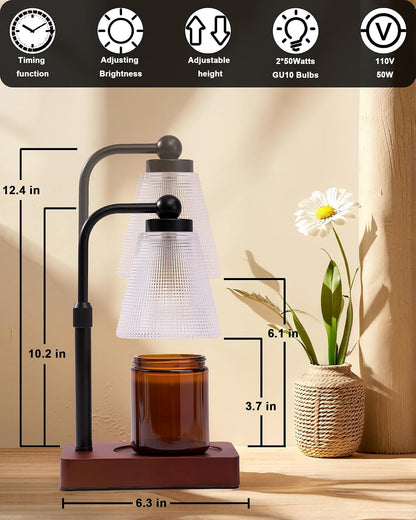 Candle Warmer Lamp with Timer - Adjustable Height & Brightness - Wood Base Glass Shade - 2 Bulbs Included(Square Gold)