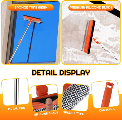 Window Squeegee with 62" Adjustable Stainless Steel Pole —2-in-1 Sponge Scrubber &Streak-Free Blade, No Ladder for 1-Story &Skylights,Car &RV Windshields,Shower Doors,Tile Orange