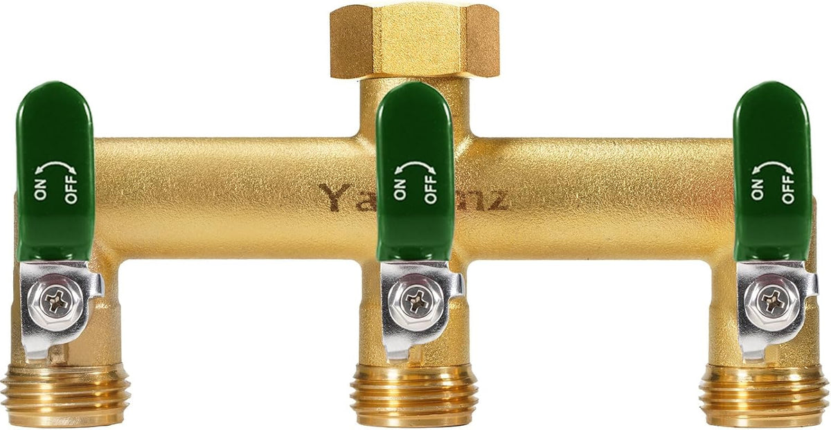 Garden Hose Splitter, 3/4” Rust and Freeze Resistant Outdoor Hose Manifold with 2 Green Extra Long Handles Faucet Adapter-Heavy Duty Brass 2-Way Valve