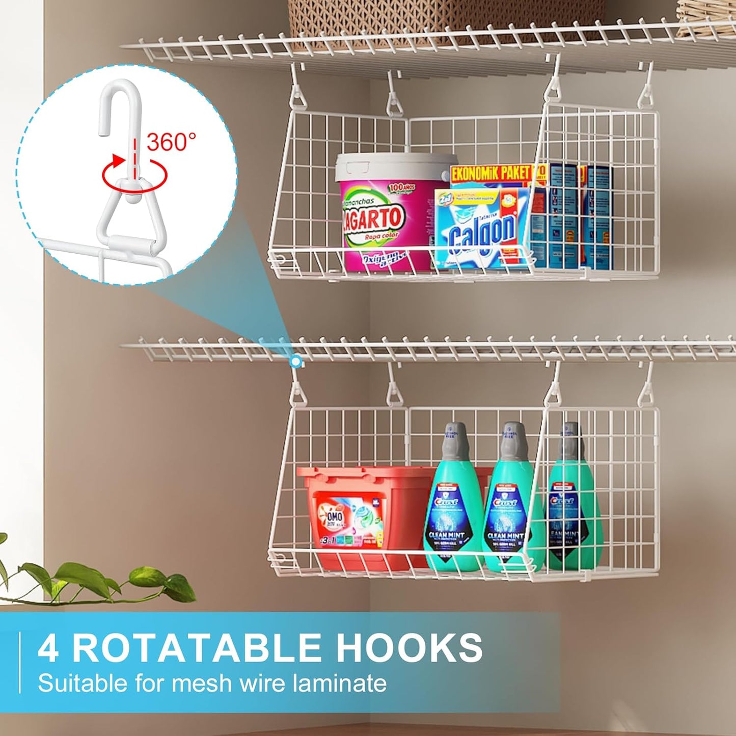 4-Tier Hanging Laundry Room Organizer: Foldable Wire Shelf Basket with 2 Large Hooks 1.65" & 360°Rotating Hooks – Space-Saving Laundry Storage Basket, for Wardrobe Closet Storage, White Patent