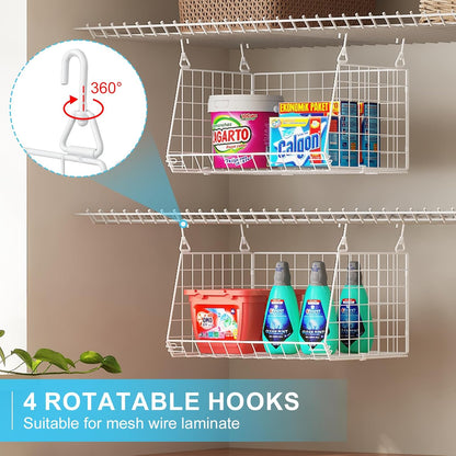 4-Tier Hanging Laundry Room Organizer: Foldable Wire Shelf Basket with 2 Large Hooks 1.65" & 360°Rotating Hooks – Space-Saving Laundry Storage Basket, for Wardrobe Closet Storage, White Patent