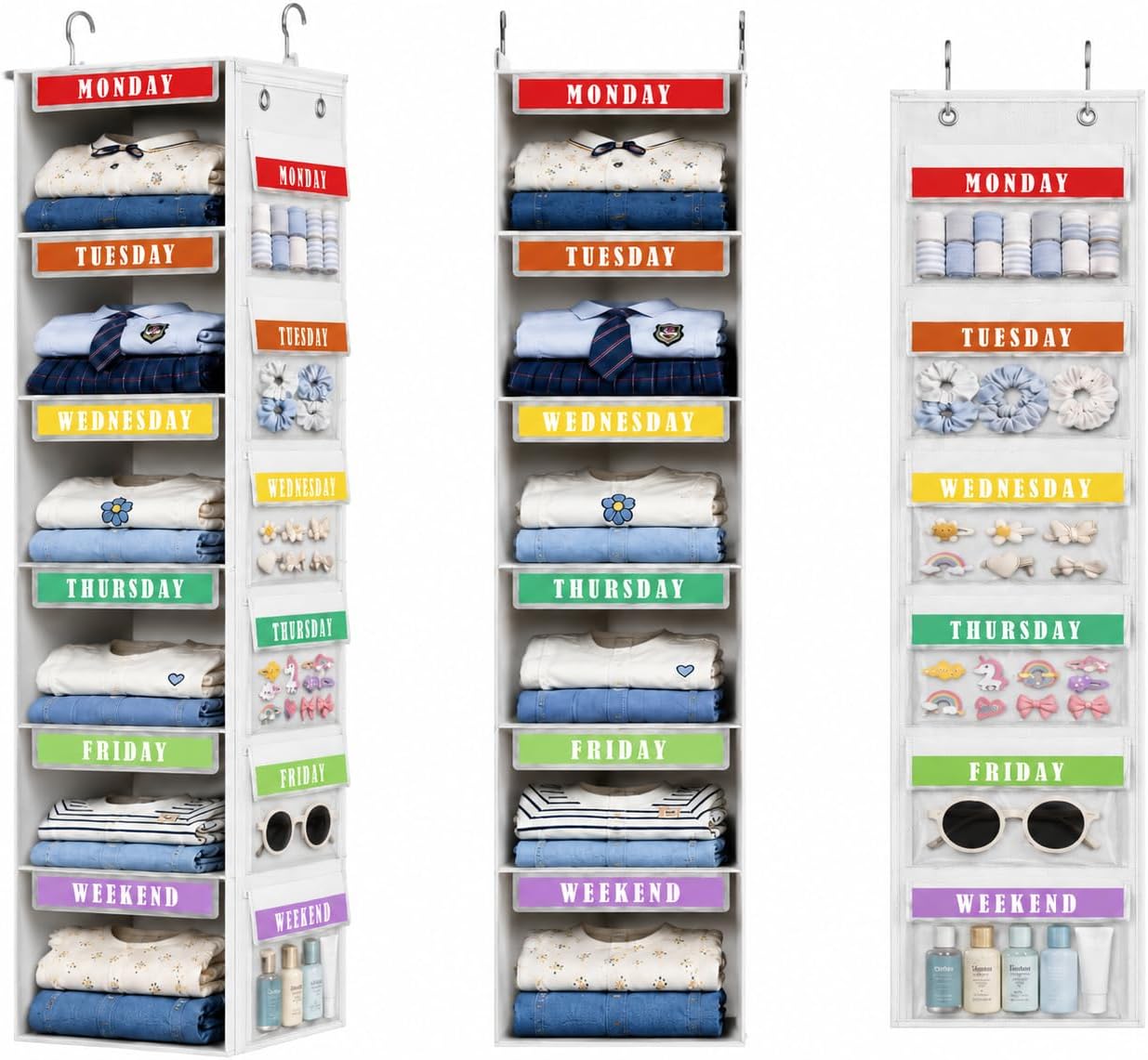 DIMJ Hanging Closet Organizer 2 in 1 - Weekly Clothes Organizer for Kids Over the Door Organizer 6-Shelf Daily Monday Friday Weekend Hanging Shelves, for School Outfits, Baby Clothes, Grey