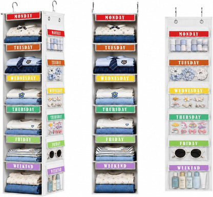 DIMJ Hanging Closet Organizer 2 in 1 - Weekly Clothes Organizer for Kids Over the Door Organizer 6-Shelf Daily Monday Friday Weekend Hanging Shelves, for School Outfits, Baby Clothes, Grey