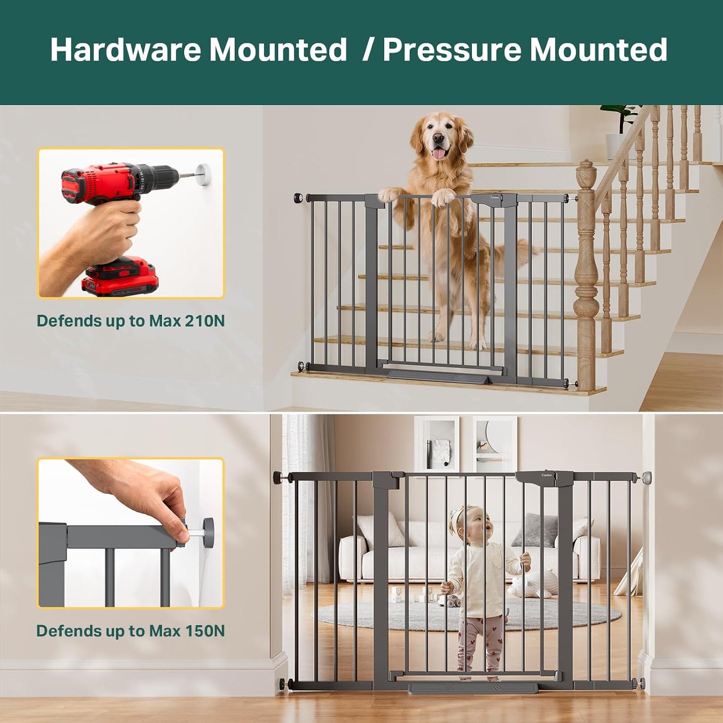 Cumbor 29.7-48" Baby Gate for Stairs, Mom's Choice Awards Winner-Dog Gate for Doorways, Auto Close Safety Pet Gate for Dogs Indoor, Easy Install Pressure Mounted Child Gate with Walk Thru Door, Brown