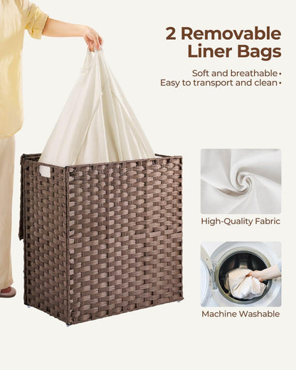 Greenstell Laundry Hamper with 2 Removable Liner Bags, Foldable Divided Clothes Hamper, 90L Handwoven Rattan Laundry Basket with Lid and Handles, No Assembly Needed, 18.3x13.3x24 Inches, Black