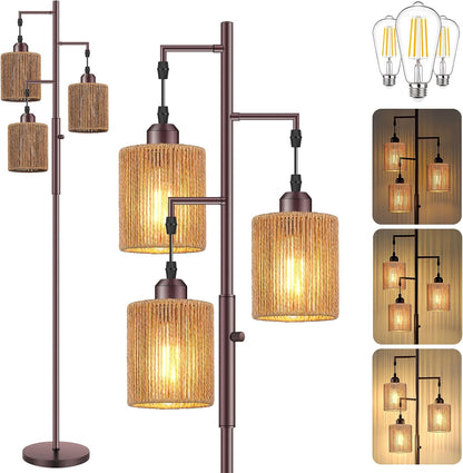 Hotsonic 72" Tall Boho Rattan Style Floor Lamp with Hand-Woven Paper Cord Shade, Dimmable Industrial Tree Standing Lamp for Living Room, Bedroom, Study Room, Office (3 x 800LM Bulbs Included) - Black