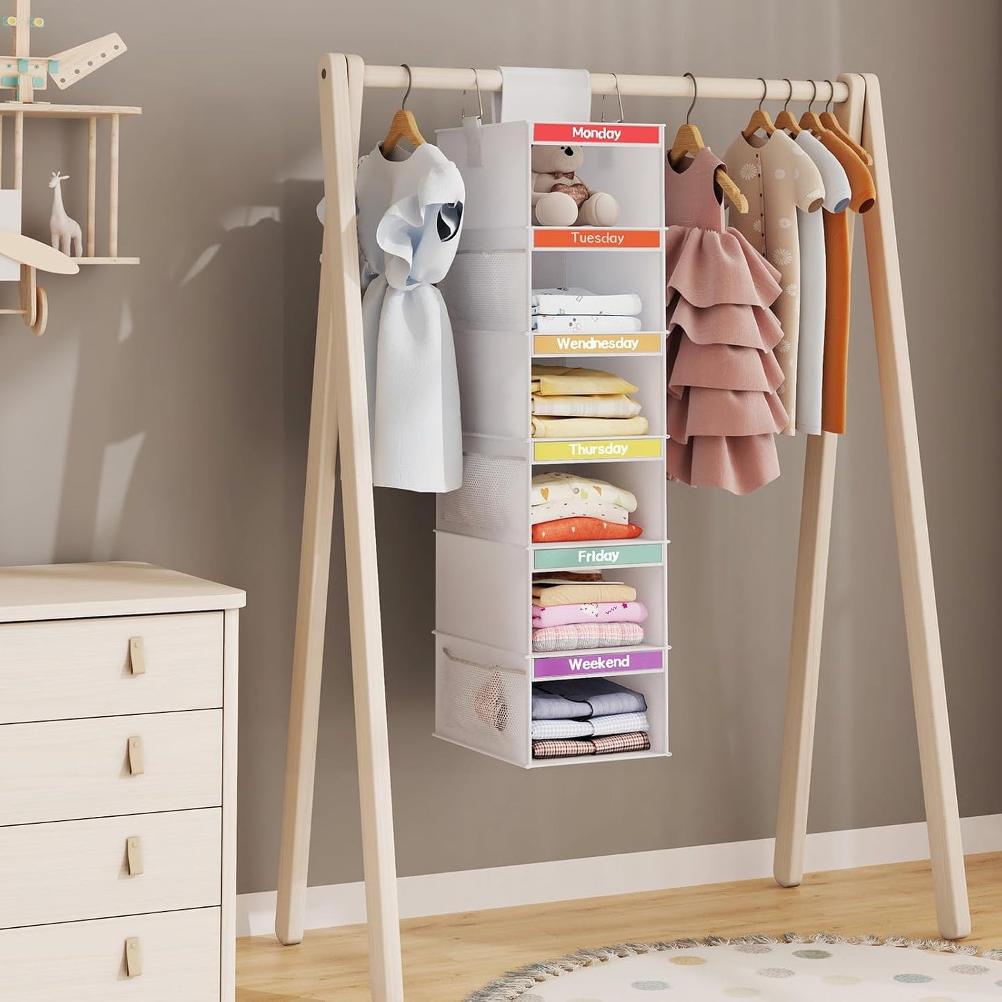 Fixwal 2 Pack 6-Shelf Weekly Hanging Closet Organizer for Kids, Kids Daily Clothes Organizers with 6 Side Pockets, Days of The Week Hanging Storage Shelves (White)