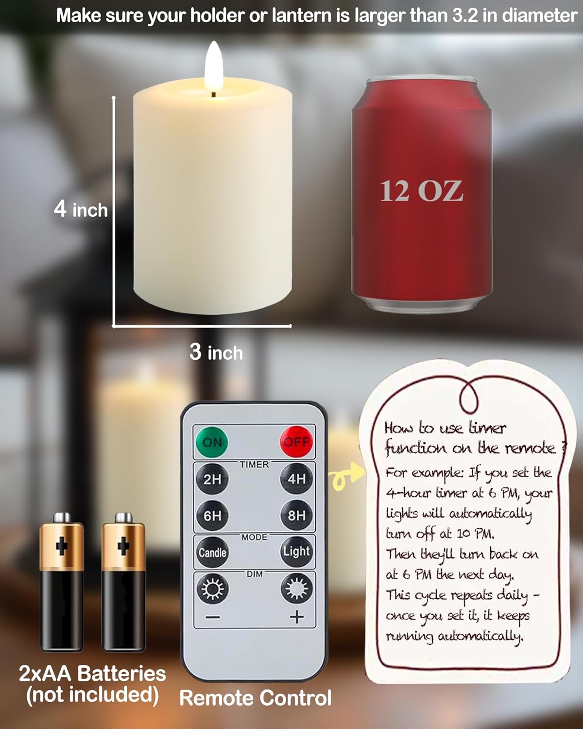 Gmnee 3"x4" Flickering Flameless Candles with Remote Timer, Real Wax, Ivory Pillar Candles, Set of 3 Fake LED Battery Operated Candles for Home, Fireplace, Centerpiece, Rustic and Farmhouse Decor