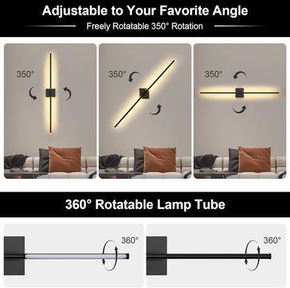 Battery Operated Wall Sconce Set of Two with Remote Control, 3000K-6000K Dimmable Black Wall Lights, Timable LED Wireless Wall Sconces, 350° Ratate for Bathroom, Living Room, Hallway 29.1 Inch