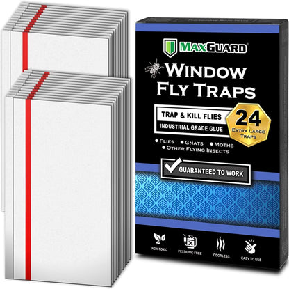 MaxGuard Window Fly Traps (24 XL Traps) Catch & Kill Houseflies, Flying Insects & Bugs. Non-Toxic Sticky Glue Traps Fly Killer Clear Strip Insect Catcher Safe No Zapping with Zapper |