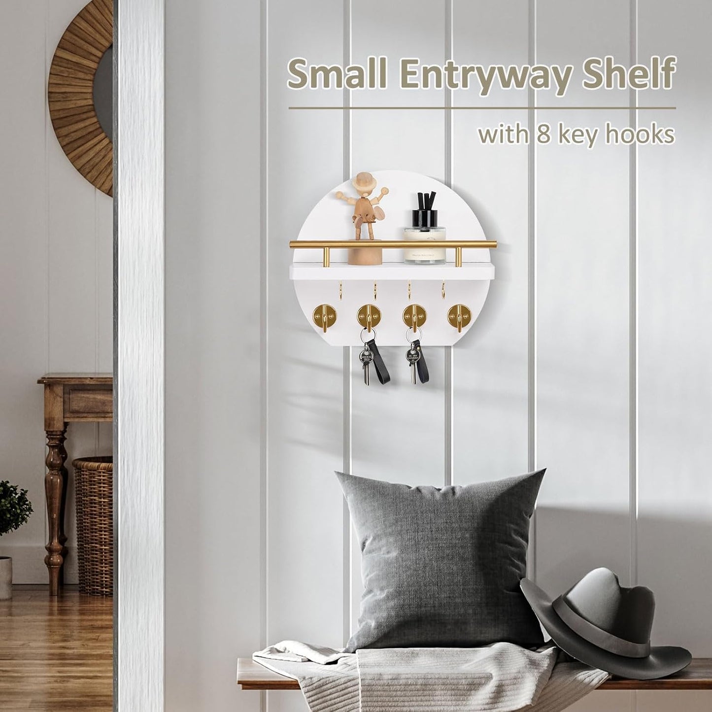Nekon Key Holder for Wall - 9.8 Inch Apartment Wall Decor with Shelf and 8 Key Hooks, Circular Wood Key Hanger for Home Decor (Black with Golden Hooks)