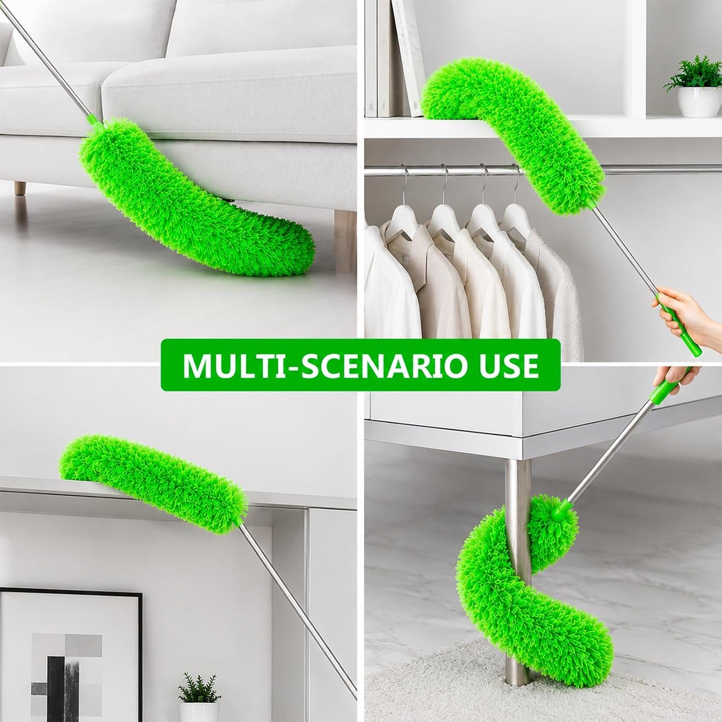 Microfiber Duster with Extension Pole(Stainless Steel) 30 to 100'', with Bendable Head, Extendable Long Duster for Cleaning Ceiling Fan, High Ceiling, Keyboard, Furniture Cars Gray