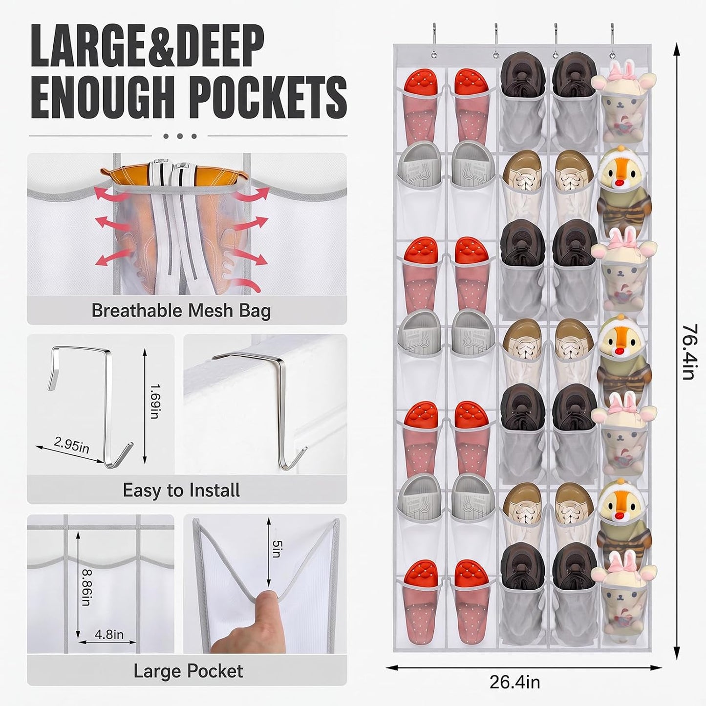 Windyun 40 Over The Door Shoe Organizer, Large Mesh Pocket Hanging Shoe Rack Hanger Large Capacity Gray Behind The Door Storage Holder for Dorm College Closet Entryway Bedroom Utility Room Women Men