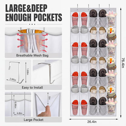 Windyun 40 Over The Door Shoe Organizer, Large Mesh Pocket Hanging Shoe Rack Hanger Large Capacity Gray Behind The Door Storage Holder for Dorm College Closet Entryway Bedroom Utility Room Women Men