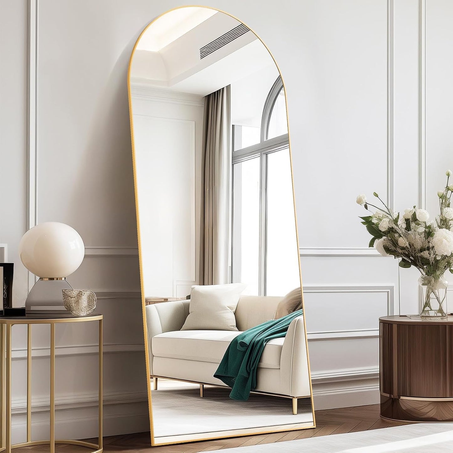 DUMOS 64"x21" Arched Full Length Floor Mirror, Full Body Mirror with Stand, Shatterproof Tempered Glass, Modern Aluminum Alloy Frame, Free Standing or Leaning for Home Decor, Gold