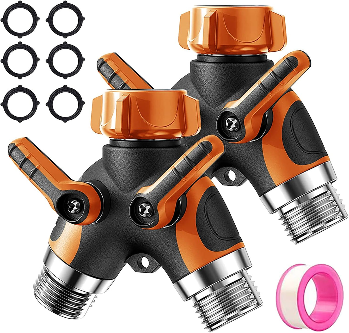 2 Way Garden Hose Y Splitter, 3/4 Inch Heavy Duty Metal Faucet Splitter | 2 Pack 3/4" Garden Hose Splitter Heavy Duty Water Faucet Splitter with Comfortable Rubberized Grip + 6 Extra Rubber Washers