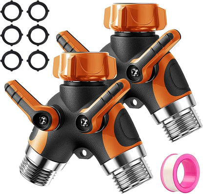 2 Way Garden Hose Y Splitter, 3/4 Inch Heavy Duty Metal Faucet Splitter | 2 Pack 3/4" Garden Hose Splitter Heavy Duty Water Faucet Splitter with Comfortable Rubberized Grip + 6 Extra Rubber Washers