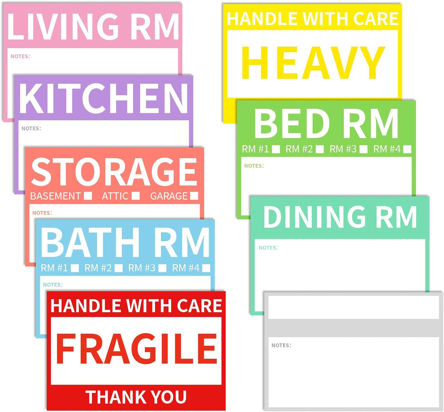Ououstate 300 Count 2” x 3’’ Removable Home Moving Box Packing Labels for 1/2/3/4 Bedroom Rooms, 9 Designs Waterproof Color-Coded Moving Stickers Including Fragile 、Heavy and Blank Labels