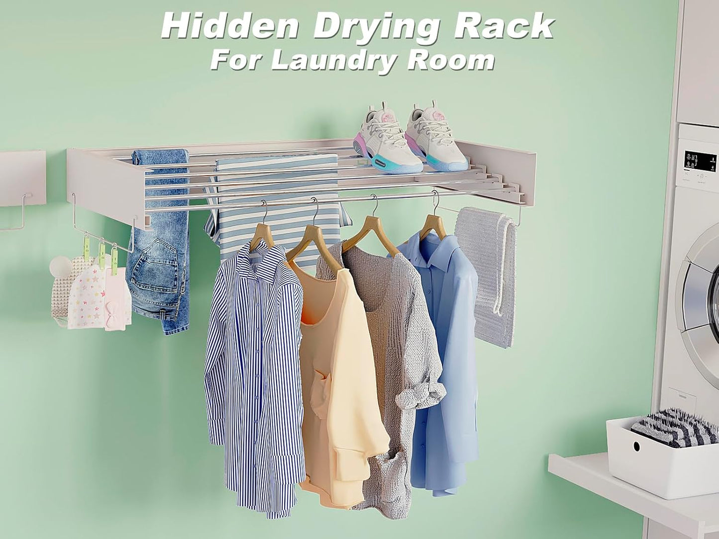 Wall Mounted Hidden Clothes Drying Rack - Pull-Out Laundry Organizer with 5 Stainless Steel Rods - Collapsible & Foldable for Laundry Room/Bathroom - Heavy Duty & Space Saving (31.5", White)