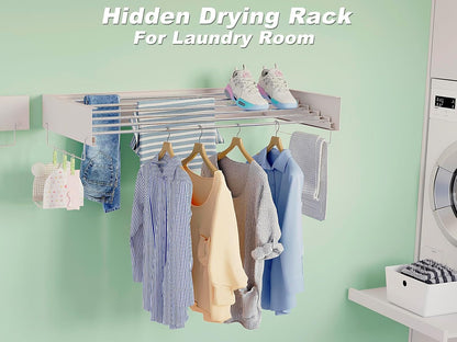 Wall Mounted Hidden Clothes Drying Rack - Pull-Out Laundry Organizer with 5 Stainless Steel Rods - Collapsible & Foldable for Laundry Room/Bathroom - Heavy Duty & Space Saving (31.5", White)