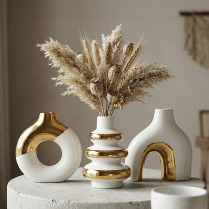 White Ceramic Vase Set of 3, Small Flower Vases for Pampas Grass, Modern Boho Vase for Decor, Round White Vases Centerpieces for Wedding Living Room Bedroom Coffee Table Dinner Table