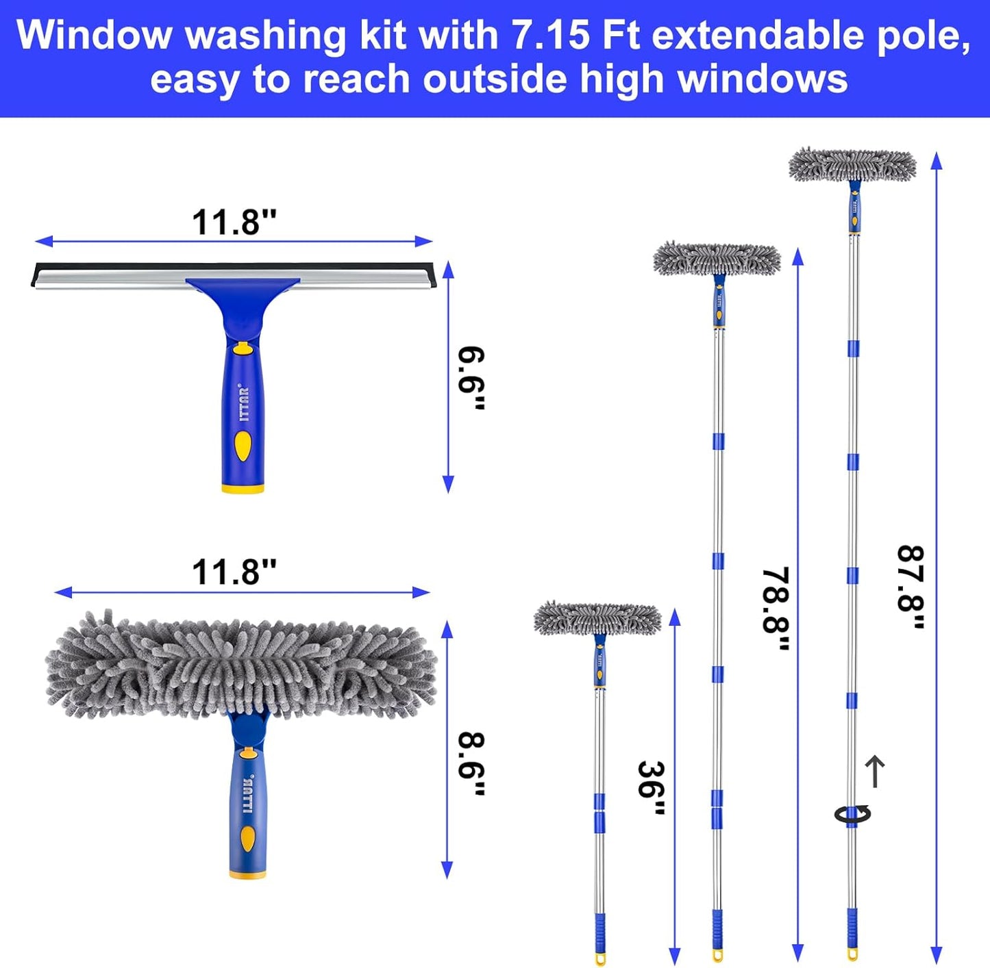 ITTAR Window Squeegee with 86 Inch Extension Pole, Rotatable Window Cleaning Kit with Long Handle, Rubber Blade & Microfiber/Chenille Pads Glass Cleaner Tool for Outdoor Windows, Glass, Car