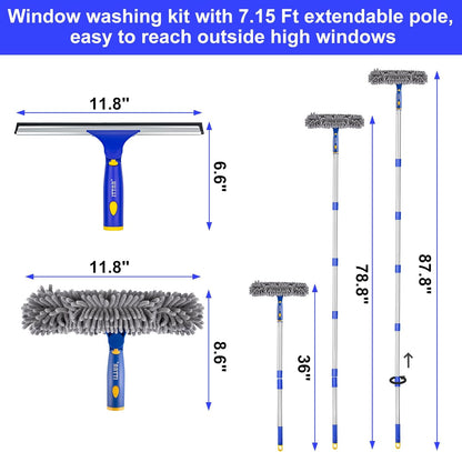 ITTAR Window Squeegee with 86 Inch Extension Pole, Rotatable Window Cleaning Kit with Long Handle, Rubber Blade & Microfiber/Chenille Pads Glass Cleaner Tool for Outdoor Windows, Glass, Car