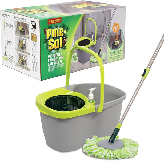 Pine-Sol Spin Mop and Bucket Set - Microfiber Mop Head with Extendable Handle and Easy Wring Bucket - Multi Surface Floor Cleaning System for Wet Mopping