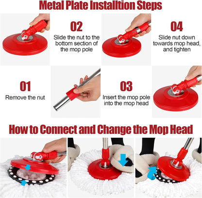 Spin Mop and Bucket with Wringer Set, 360° Spinning Mop Bucket System with 3 Microfiber Mop Replacement Heads and 50" Stainless Steel Adjustable Handle for Floor Cleaning
