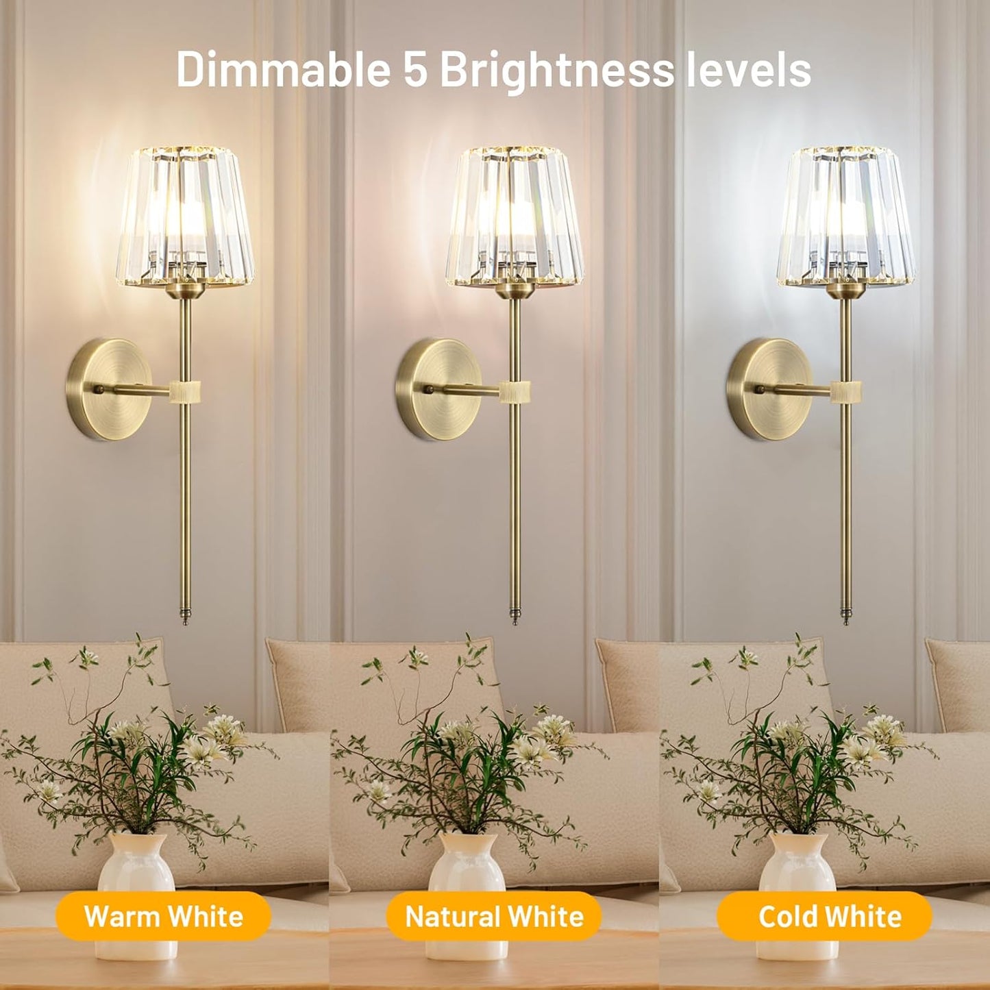 Crystal Battery Operated Wall Sconces Set of 2, Gold Rechargeable Wireless Wall Sconce Lights with Crystal Lampshade, 12 RGB and 3CCT Dimmable Wall Lamps with Remote for Bedroom Living Room Hallway