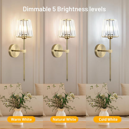 Crystal Battery Operated Wall Sconces Set of 2, Gold Rechargeable Wireless Wall Sconce Lights with Crystal Lampshade, 12 RGB and 3CCT Dimmable Wall Lamps with Remote for Bedroom Living Room Hallway