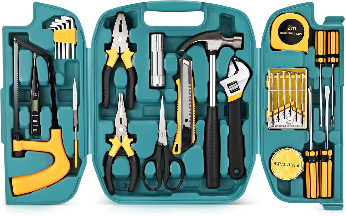27-Pcs Household Tool Set with Case - Home, Auto, Garage | For men, women in dorm, office, garage. Has hammer, screwdrivers, pliers, tape. Compact, portable, for everyday fixes.
