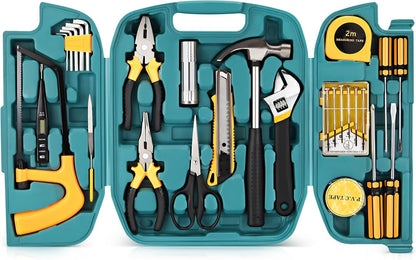 27-Pcs Household Tool Set with Case - Home, Auto, Garage | For men, women in dorm, office, garage. Has hammer, screwdrivers, pliers, tape. Compact, portable, for everyday fixes.